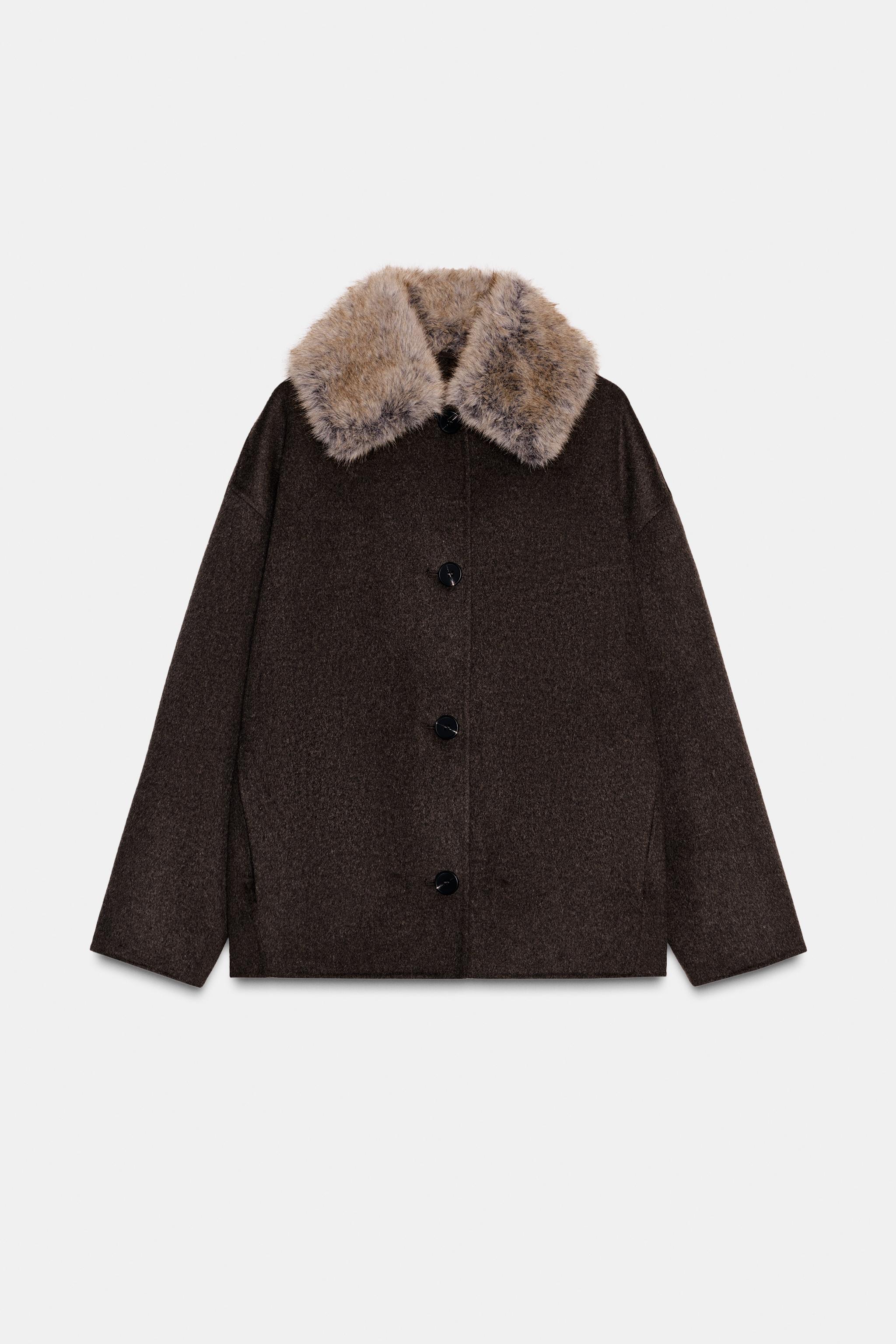 WOOL COAT WITH FAUX FUR COLLAR